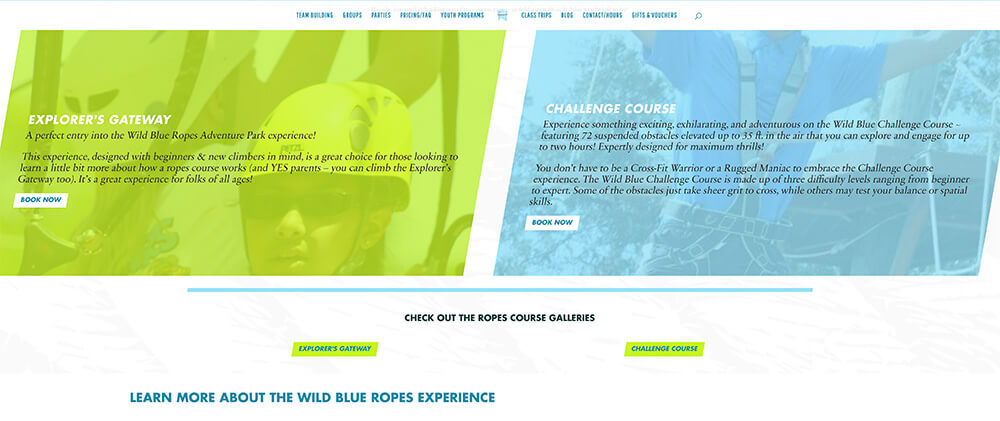 wild blue ropes website design for local attraction